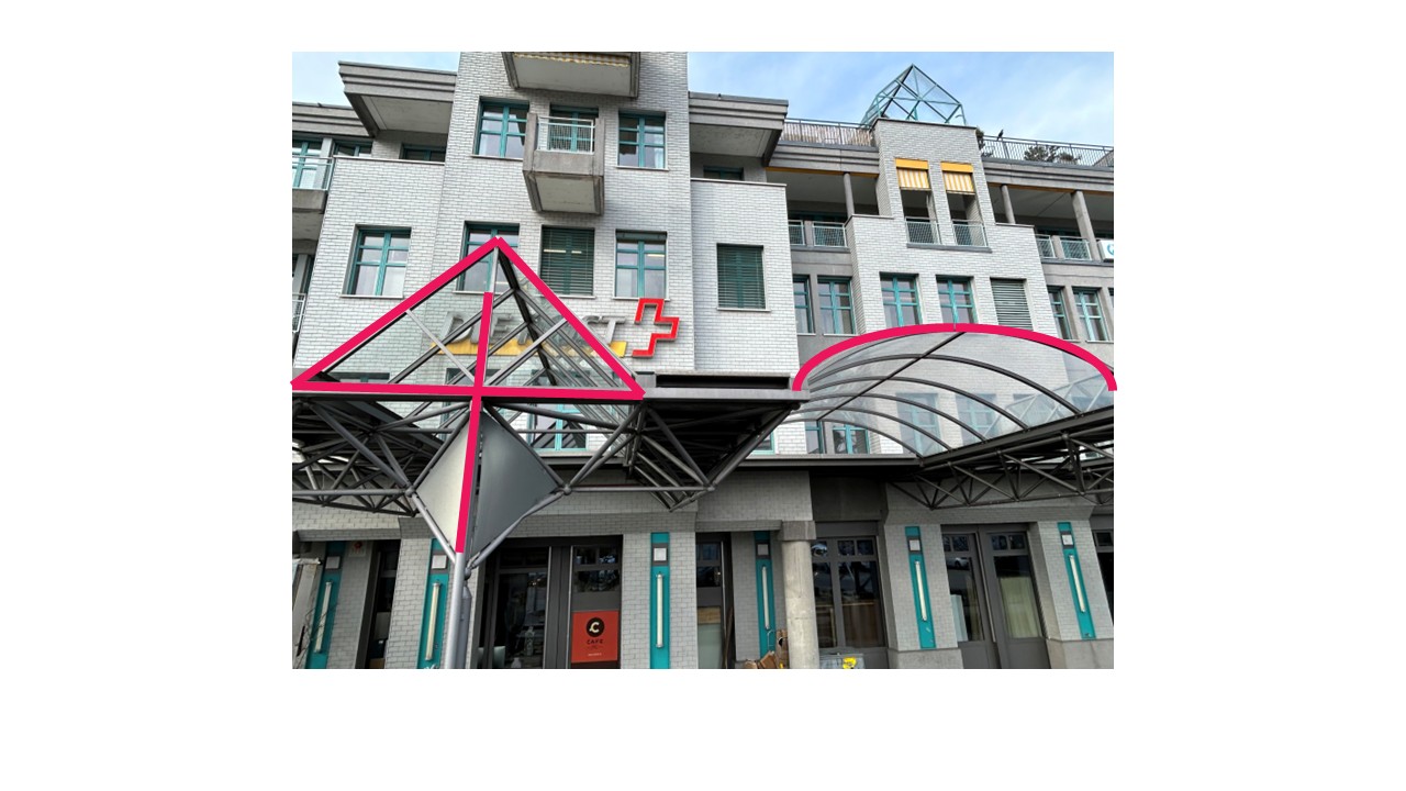 archway, glass canopy, façade, cafe, building entrance