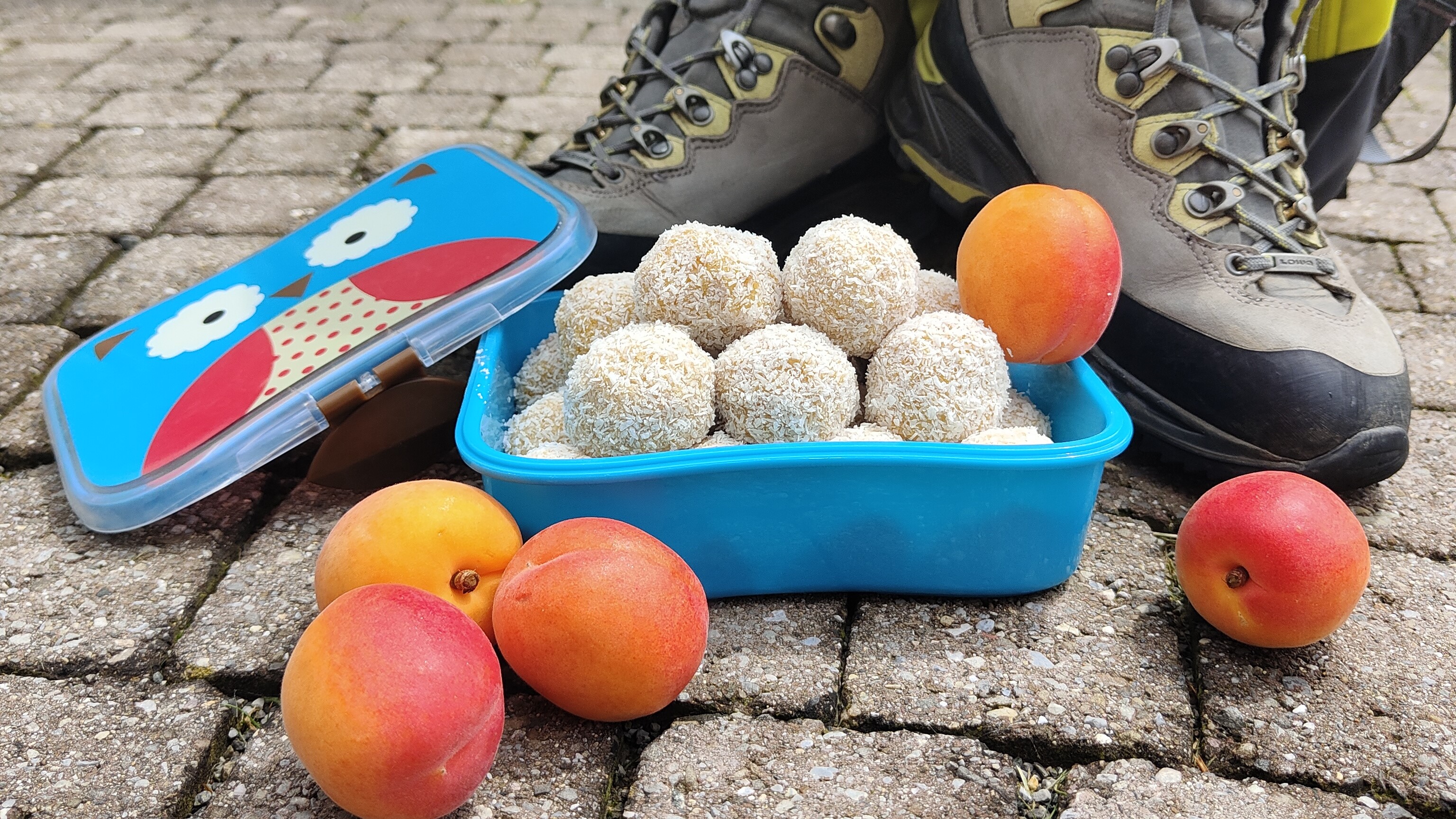 Box gefüllt mit Energy Balls mit Aprikosen und Wanderschuhe im Hintergrund - FoodTrail, Blog