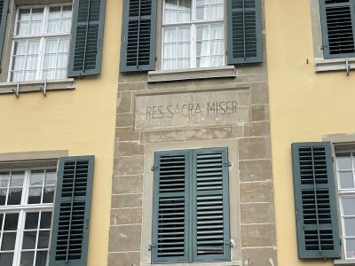 house, facade, shutter, window, stone plaque